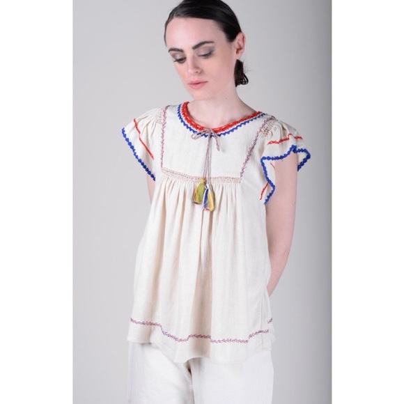 Ulla Johnson Katya Crochet-trimmed Embroidered Silk-noil Blouse In Natural NWT - Picture 2 of 8